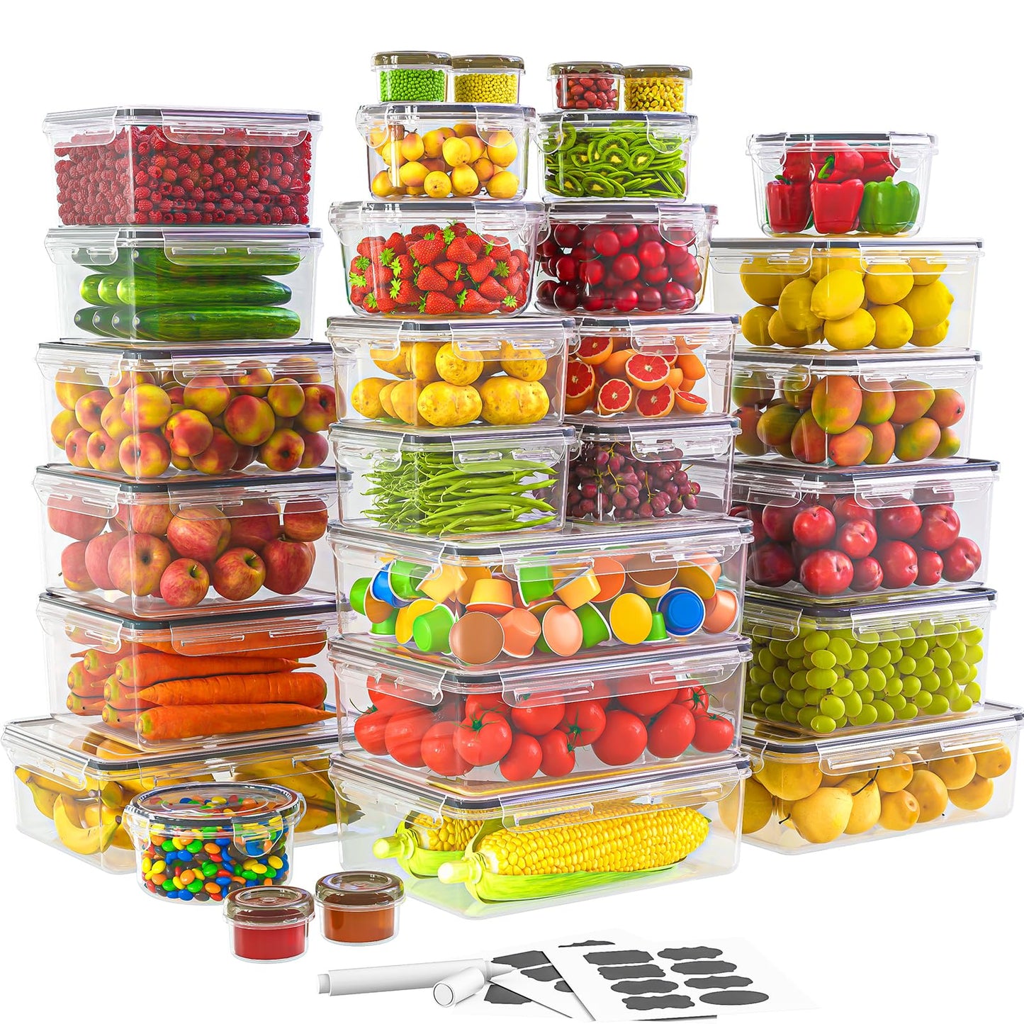 60 PCS Food Storage Containers with Lids(30 Containers & 30 Lids), Plastic Containers for Pantry & Kitchen Organization, Leak Proof, Stackable, Reusable Meal Prep Container with Labels & Pen